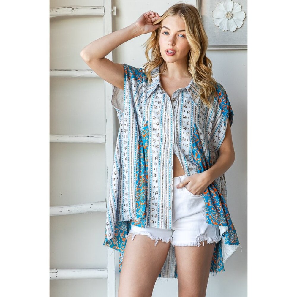 040 Oli & Hali Washed Printed Button Front Flare Hem Top NEW Size Large